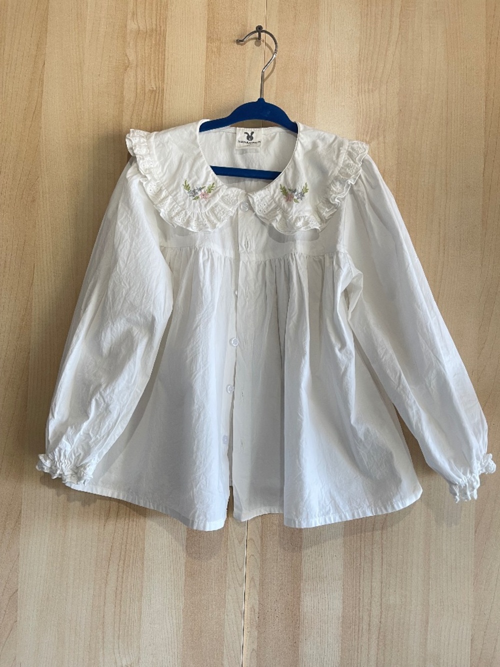 Petit Bateau White Ruffled Collar Blouse with Pastel Floral Embroidery
